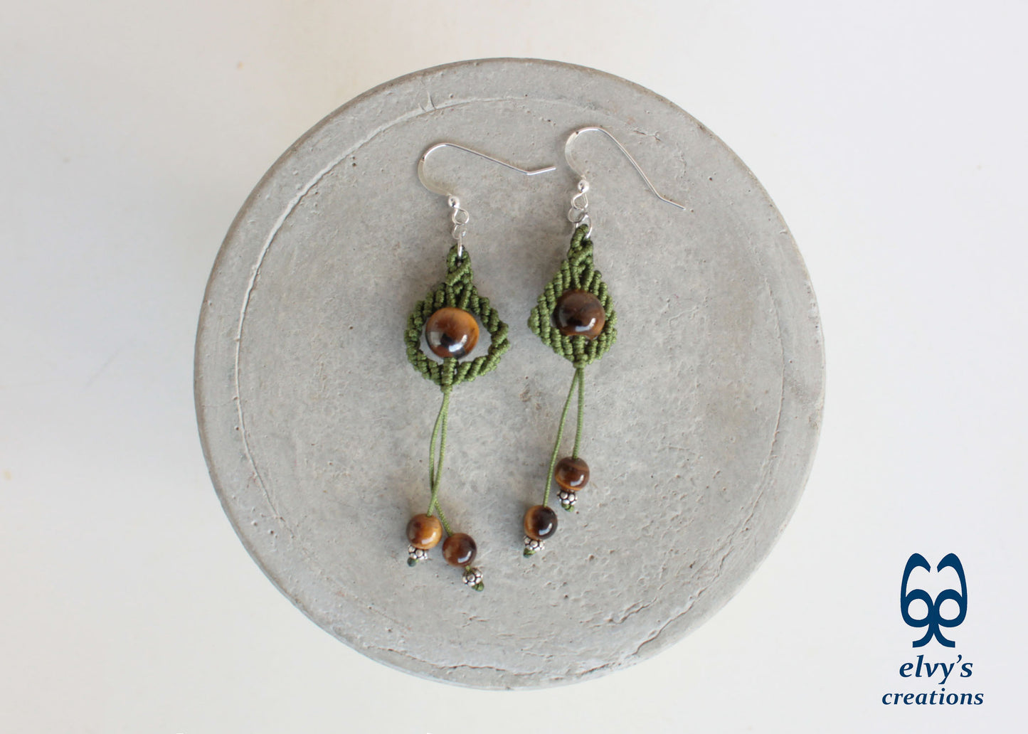 Handmade Green Macrame Earrings with Long Dangle Tiger Eye Gemstones