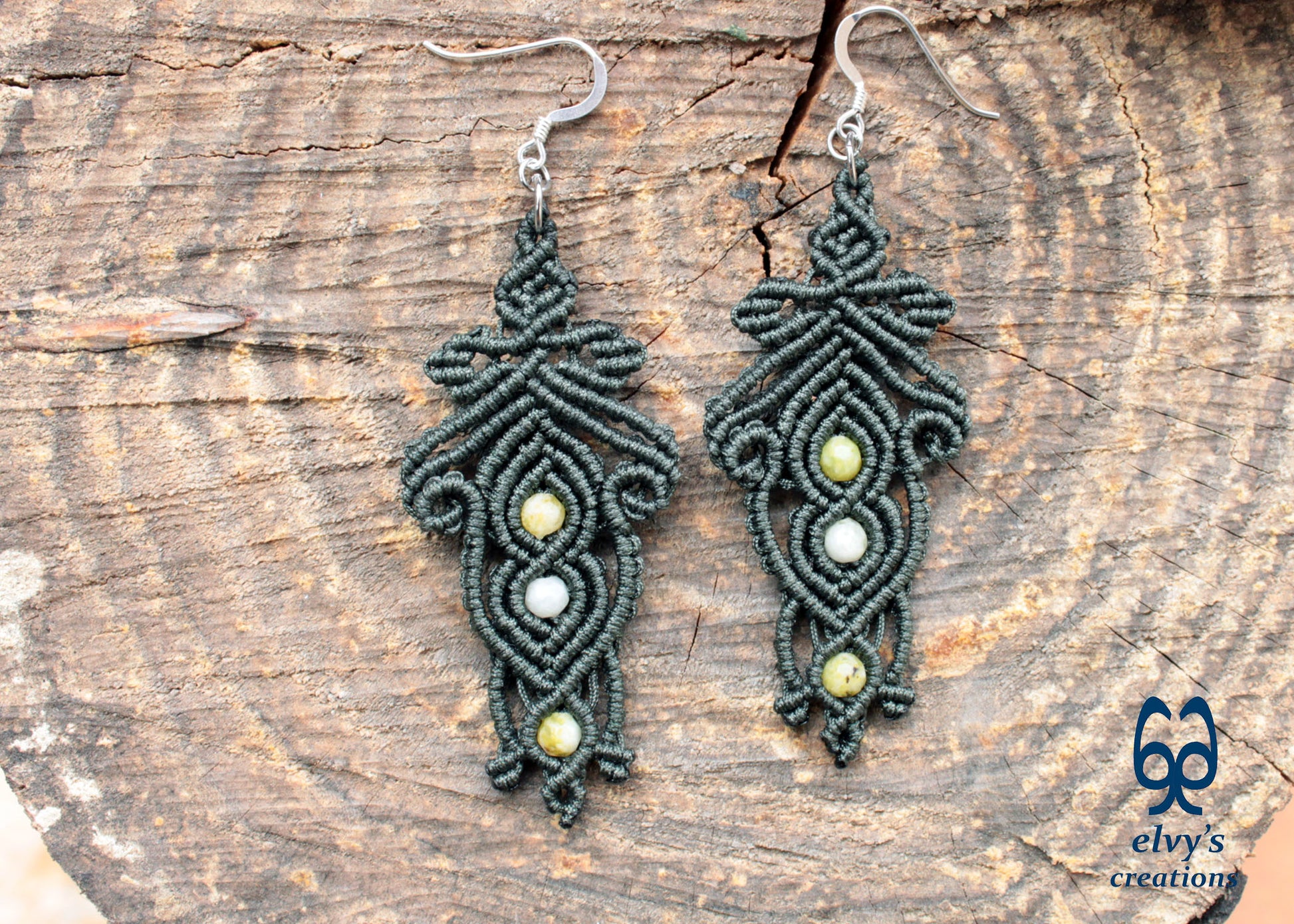 Handmade Macrame Silver Earrings, Beaded Gemstone Handmade Jewelry, Gift for Women