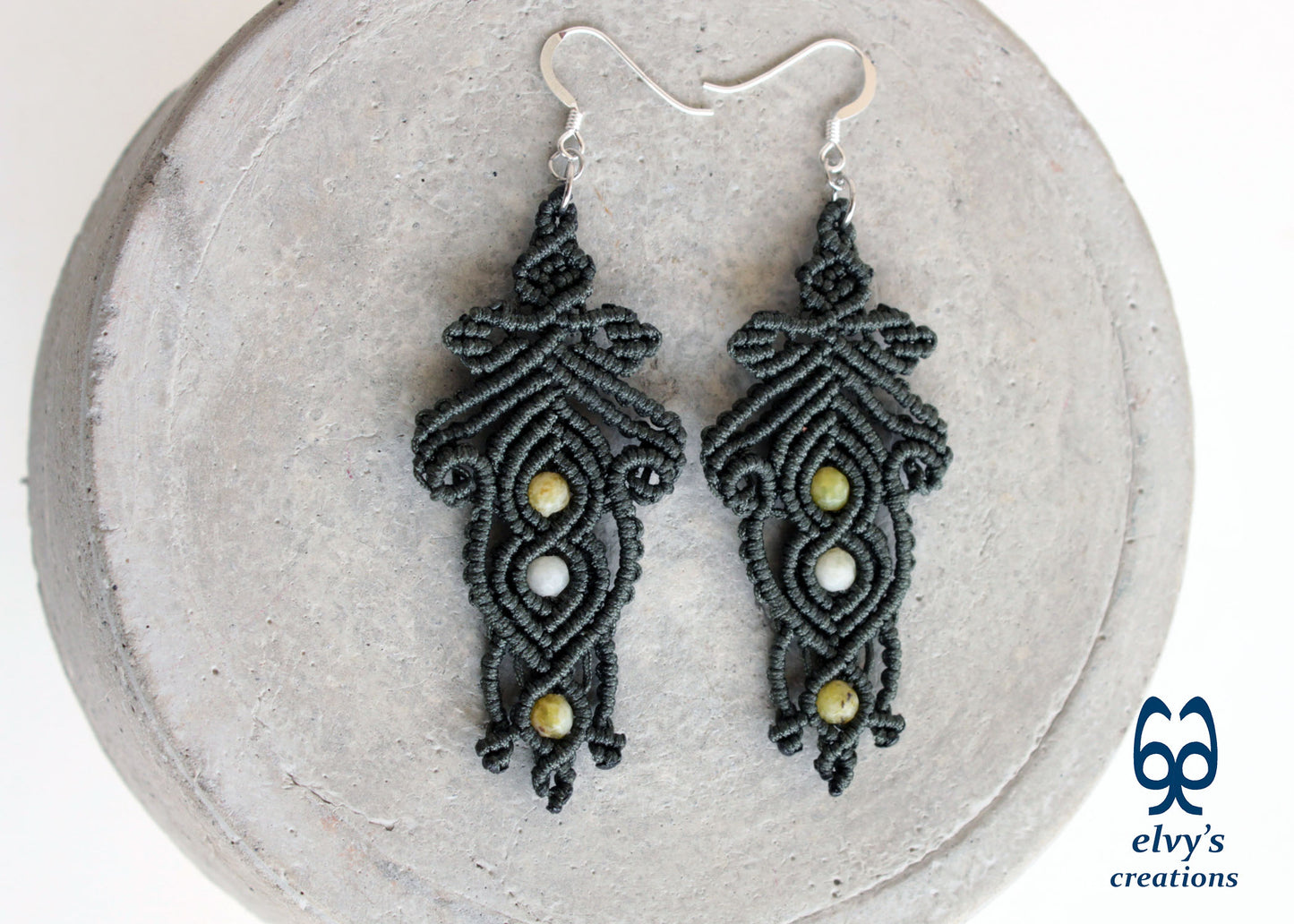 Handmade Macrame Silver Earrings, Beaded Gemstone Handmade Jewelry, Gift for Women