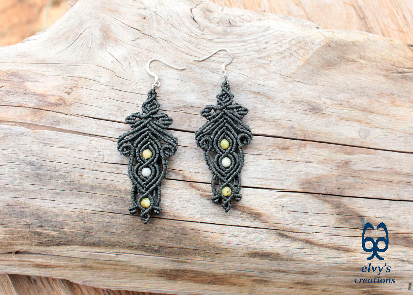 Handmade Macrame Silver Earrings, Beaded Gemstone Handmade Jewelry, Gift for Women