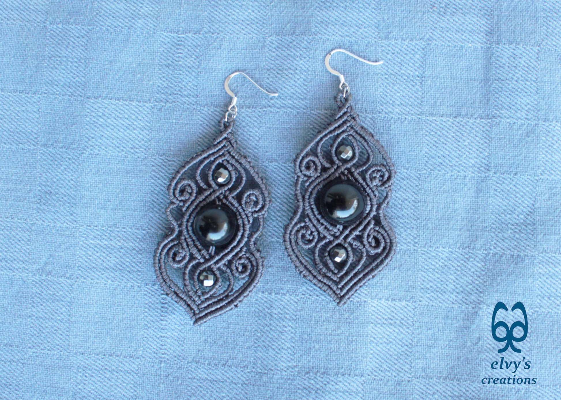 Handmade Grey Macramé Earrings with Black Onyx Gemstones, Silver Macramé Bohemian Earrings