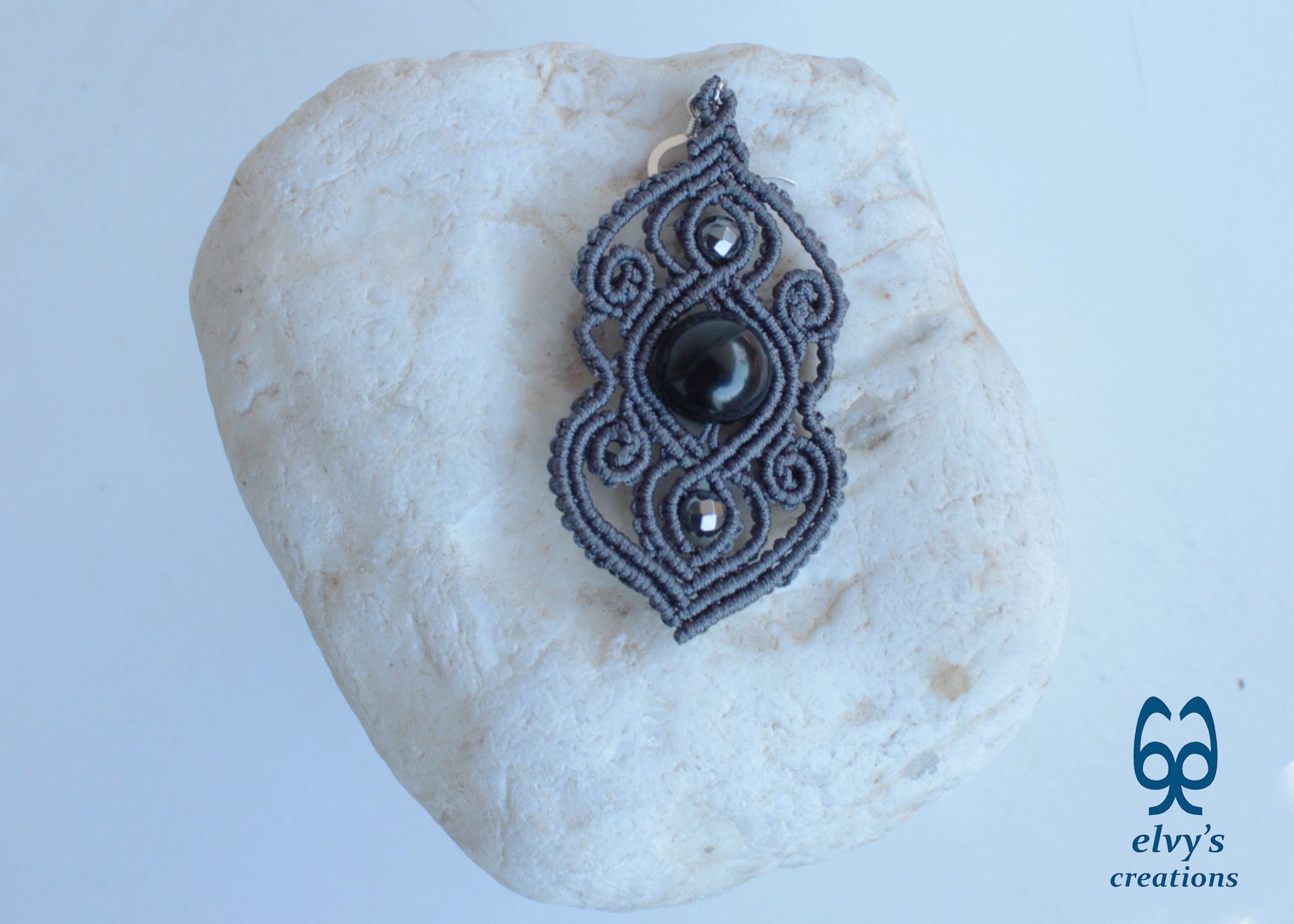 Handmade Grey Macramé Earrings with Black Onyx Gemstones, Silver Macramé Bohemian Earrings