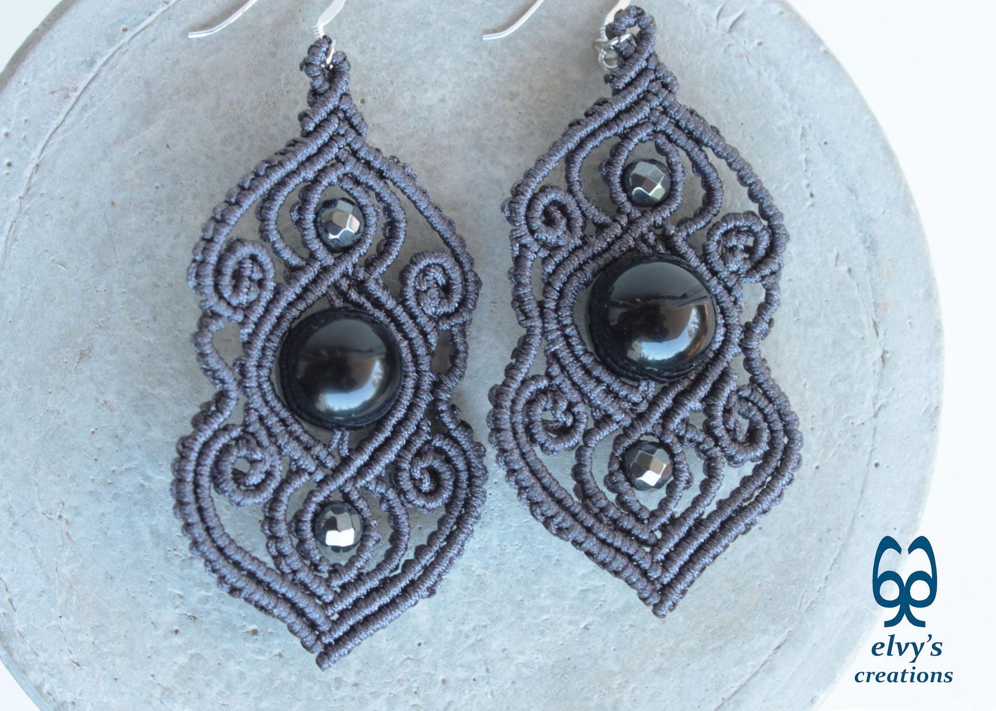 Handmade Grey Macramé Earrings with Black Onyx Gemstones, Silver Macramé Bohemian Earrings