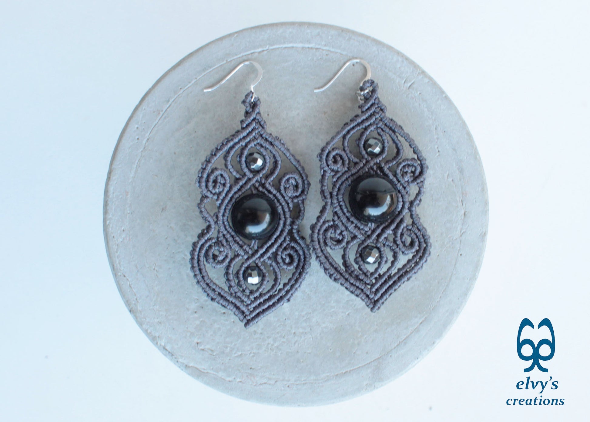 Handmade Grey Macramé Earrings with Black Onyx Gemstones, Silver Macramé Bohemian Earrings