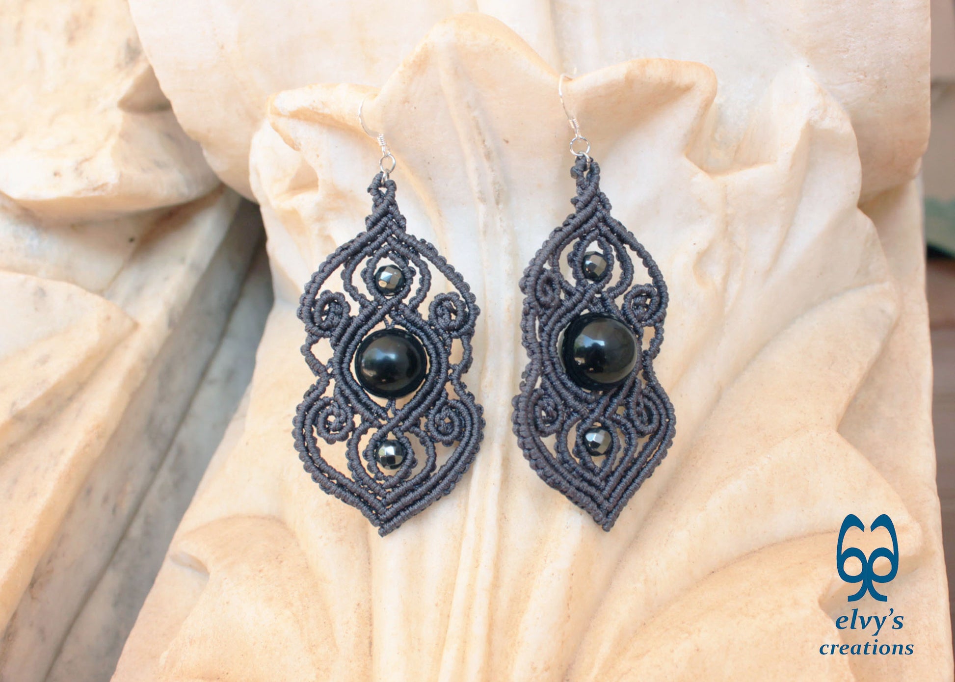 Handmade Grey Macramé Earrings with Black Onyx Gemstones, Silver Macramé Bohemian Earrings