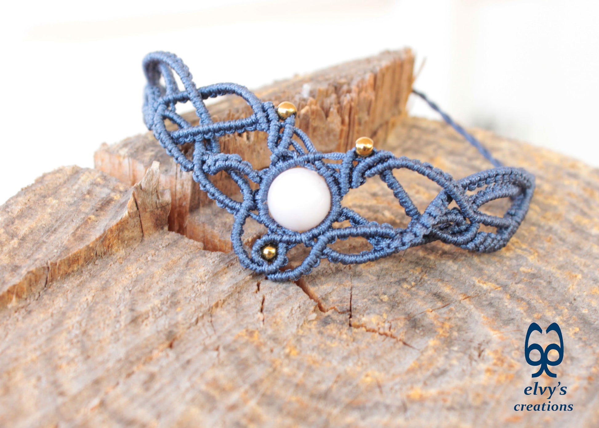 Blue Macrame Necklace with Pink Quartz Gemstone Boho Choker with Silver Hematite Gemstones