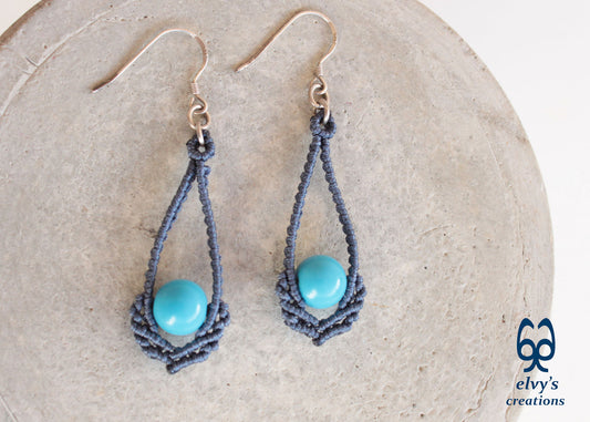 Blue Macrame Earrings Handmade Silver Earrings with Turquoise Gemstones