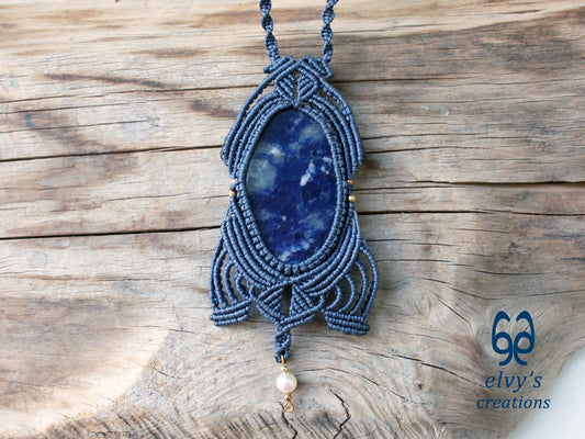 Handmade Jeans Blue Macrame Necklace with Sodalite and Pearl Gemstones