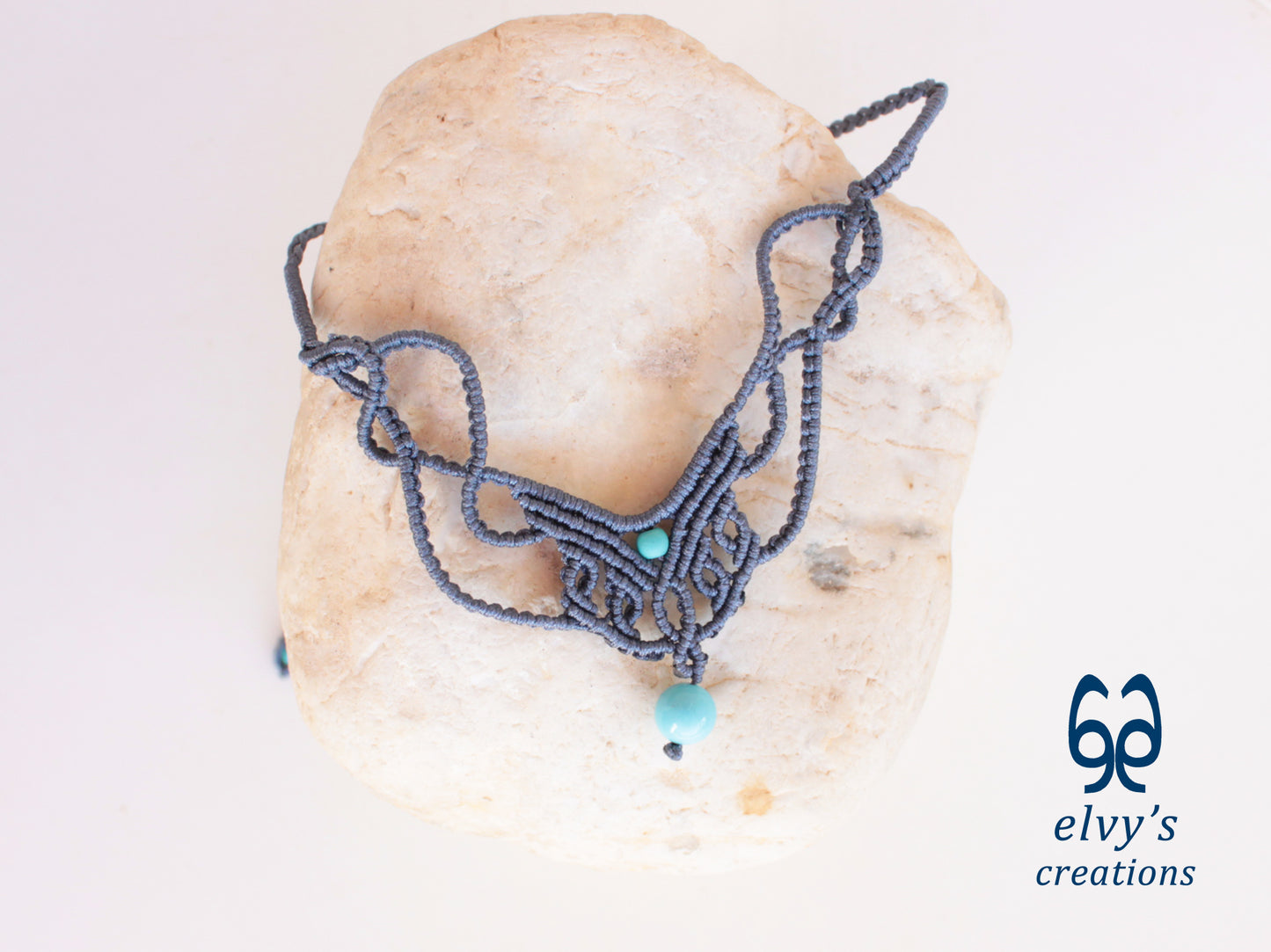 Handmade Blue Jeans Macrame Necklace with Turquoise Gemstones Choker