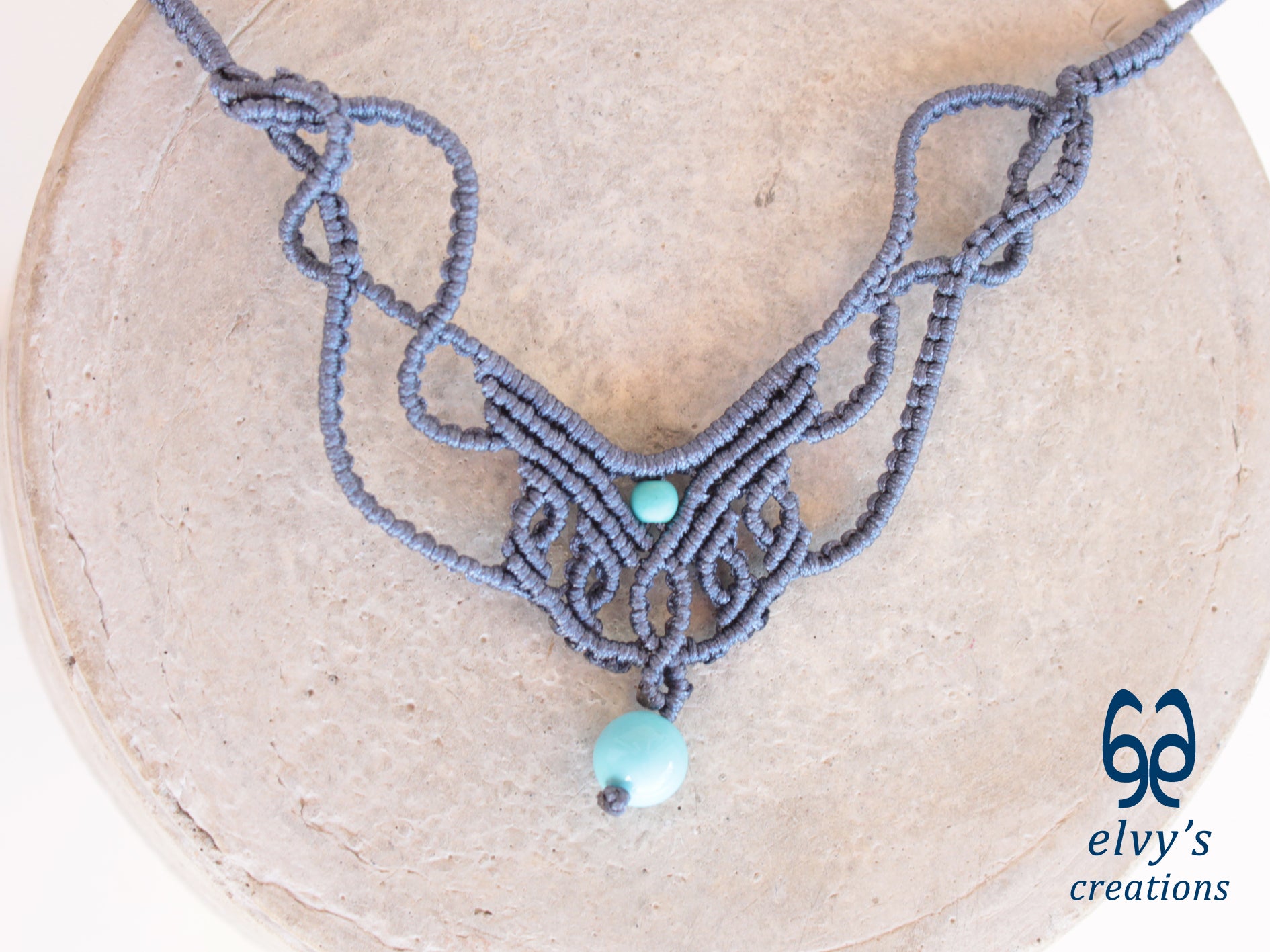 Handmade Blue Jeans Macrame Necklace with Turquoise Gemstones Choker