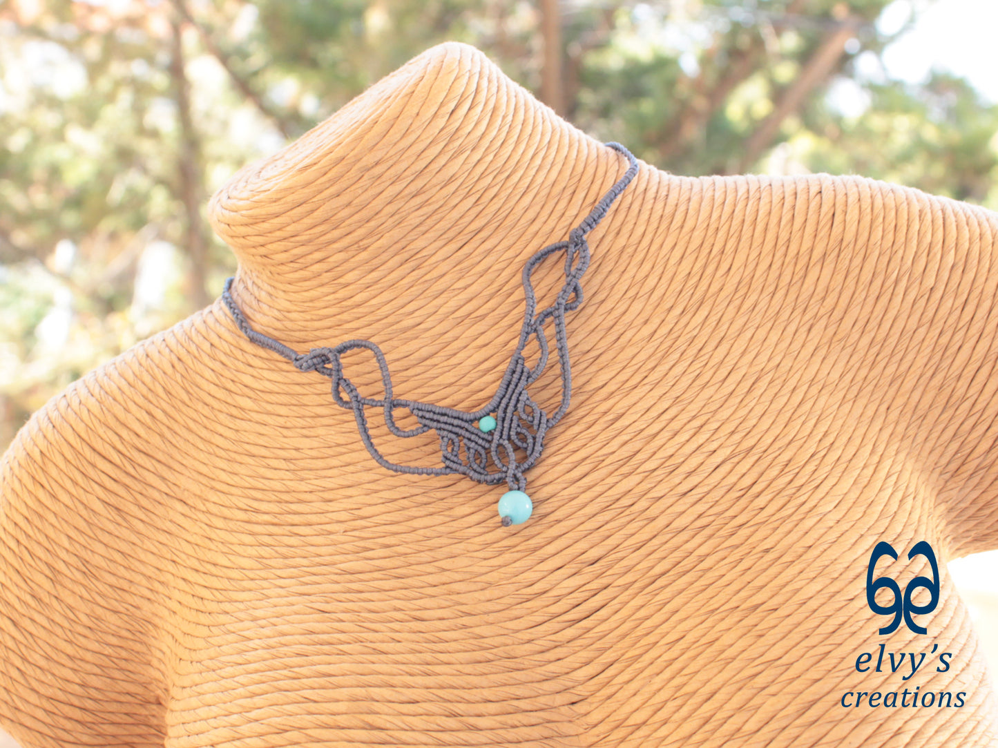 Handmade Blue Jeans Macrame Necklace with Turquoise Gemstones Choker