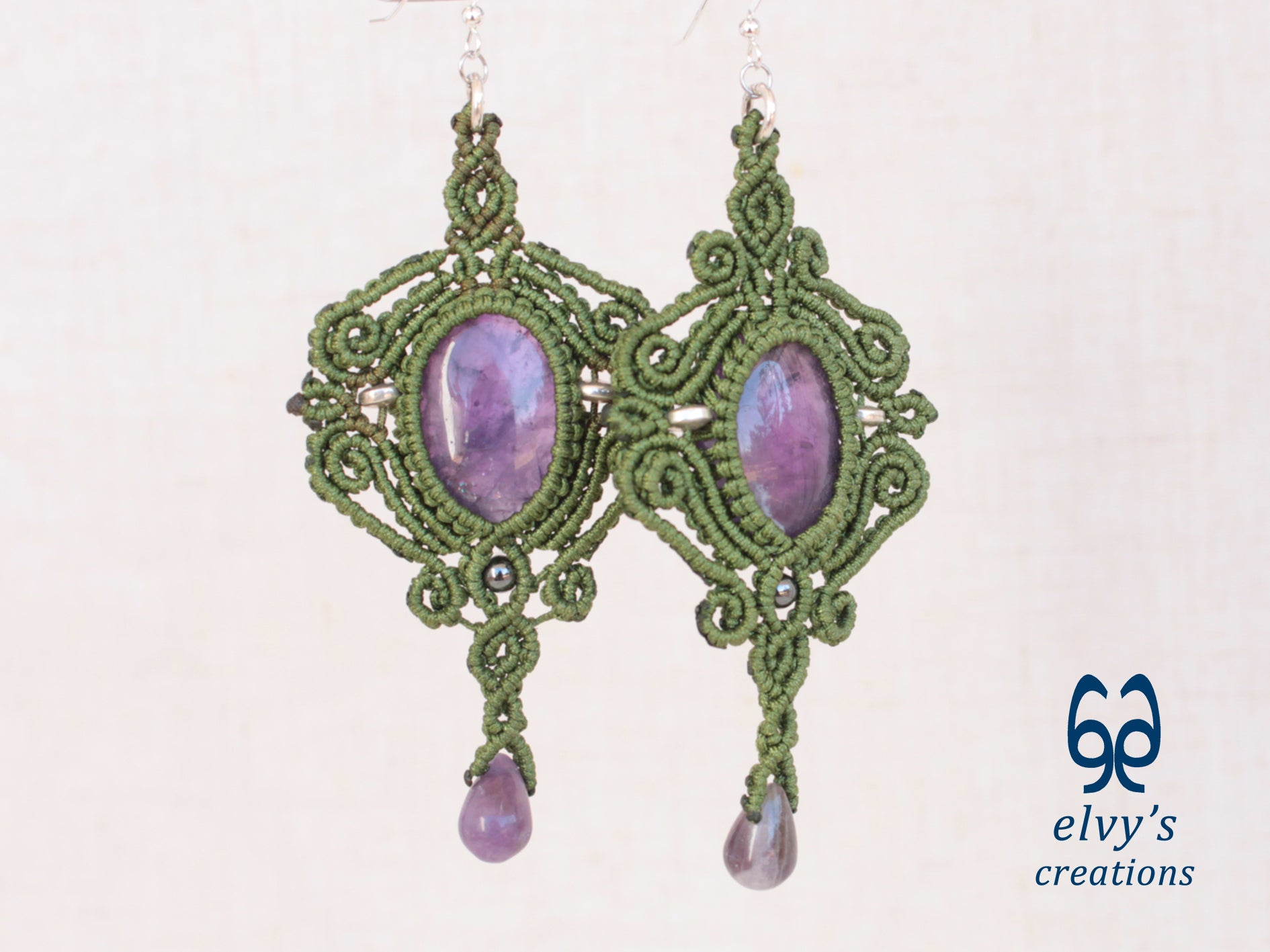 Handmade Green Macrame Earrings with Purple Amethyst Gemstones Dangle