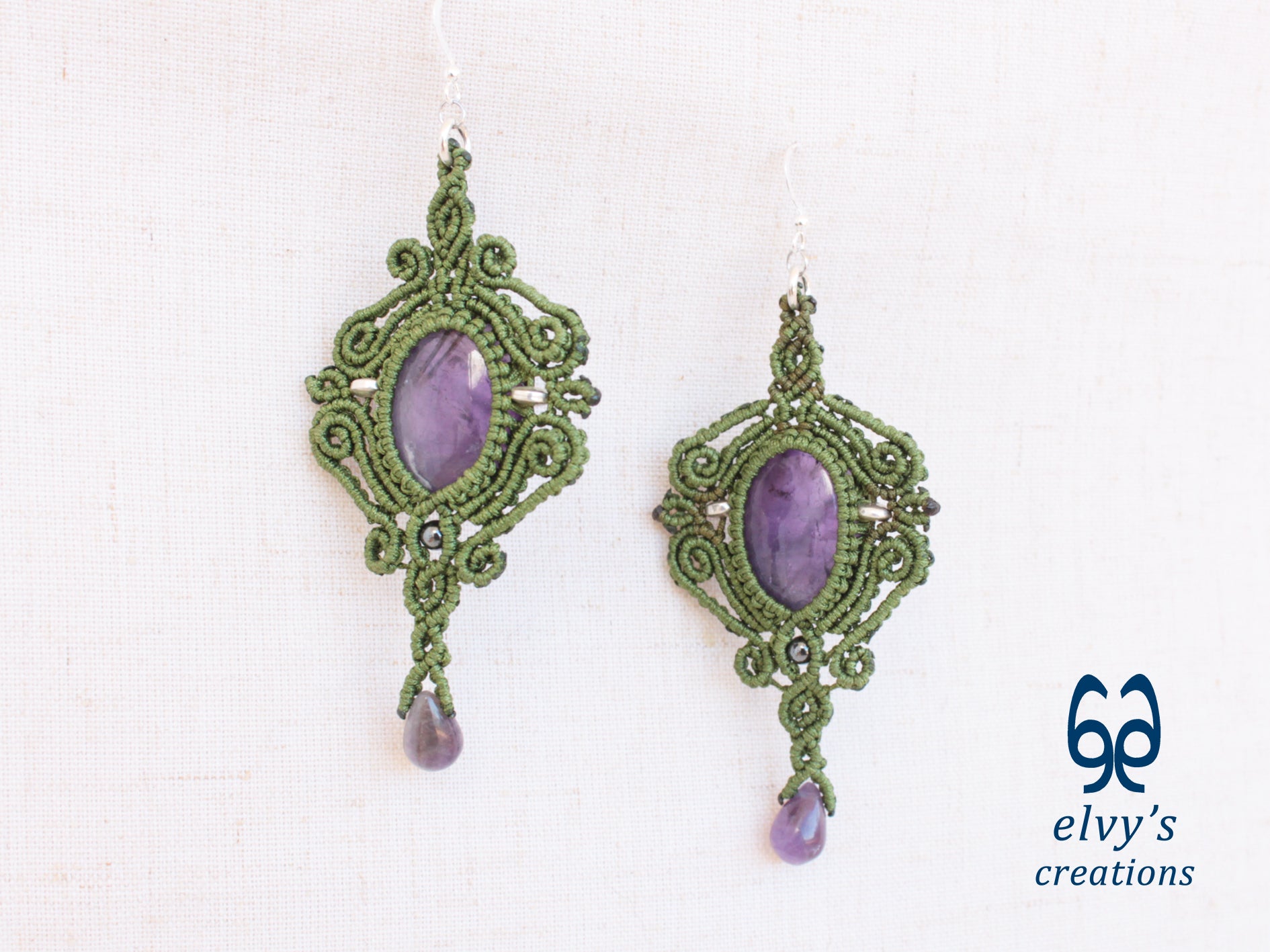 Handmade Green Macrame Earrings with Purple Amethyst Gemstones Dangle