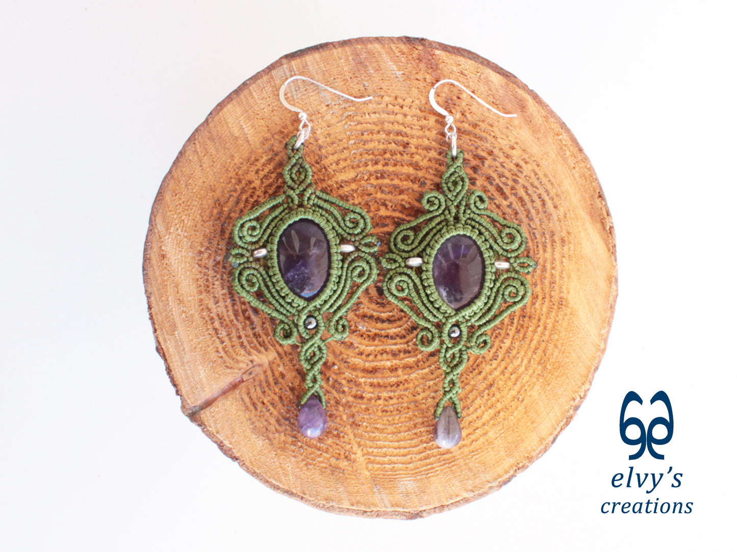 Handmade Green Macrame Earrings with Purple Amethyst Gemstones Dangle