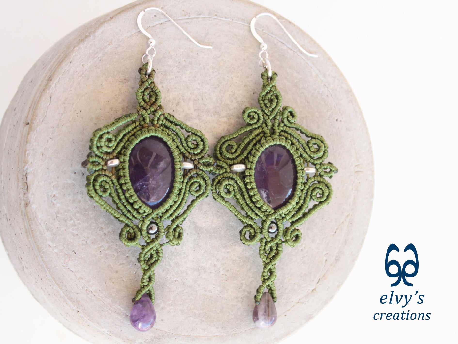 Handmade Green Macrame Earrings with Purple Amethyst Gemstones Dangle