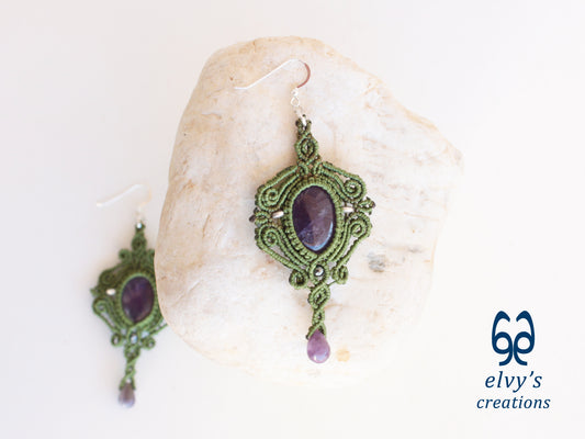 Handmade Green Macrame Earrings with Purple Amethyst Gemstones Dangle