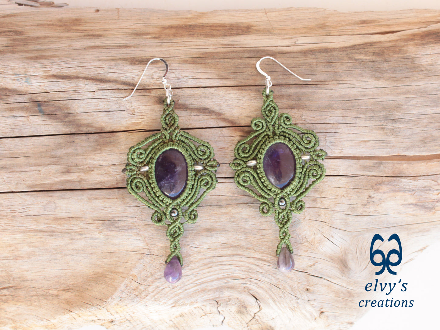 Handmade Green Macrame Earrings with Purple Amethyst Gemstones Dangle