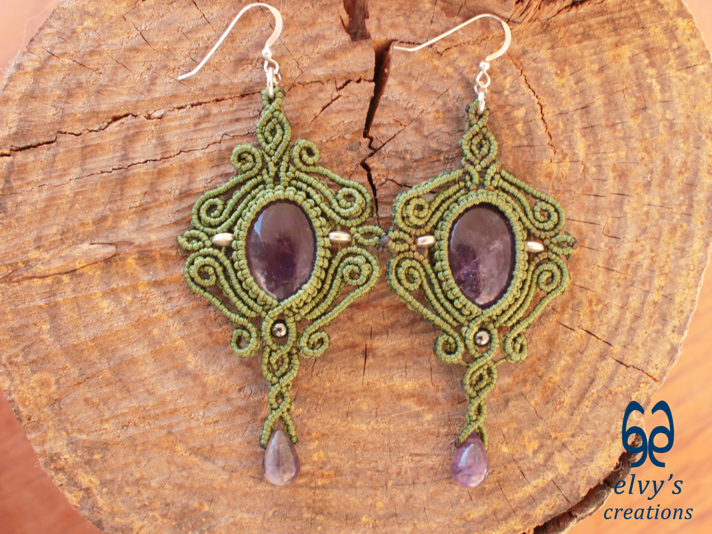 Handmade Green Macrame Earrings with Purple Amethyst Gemstones Dangle