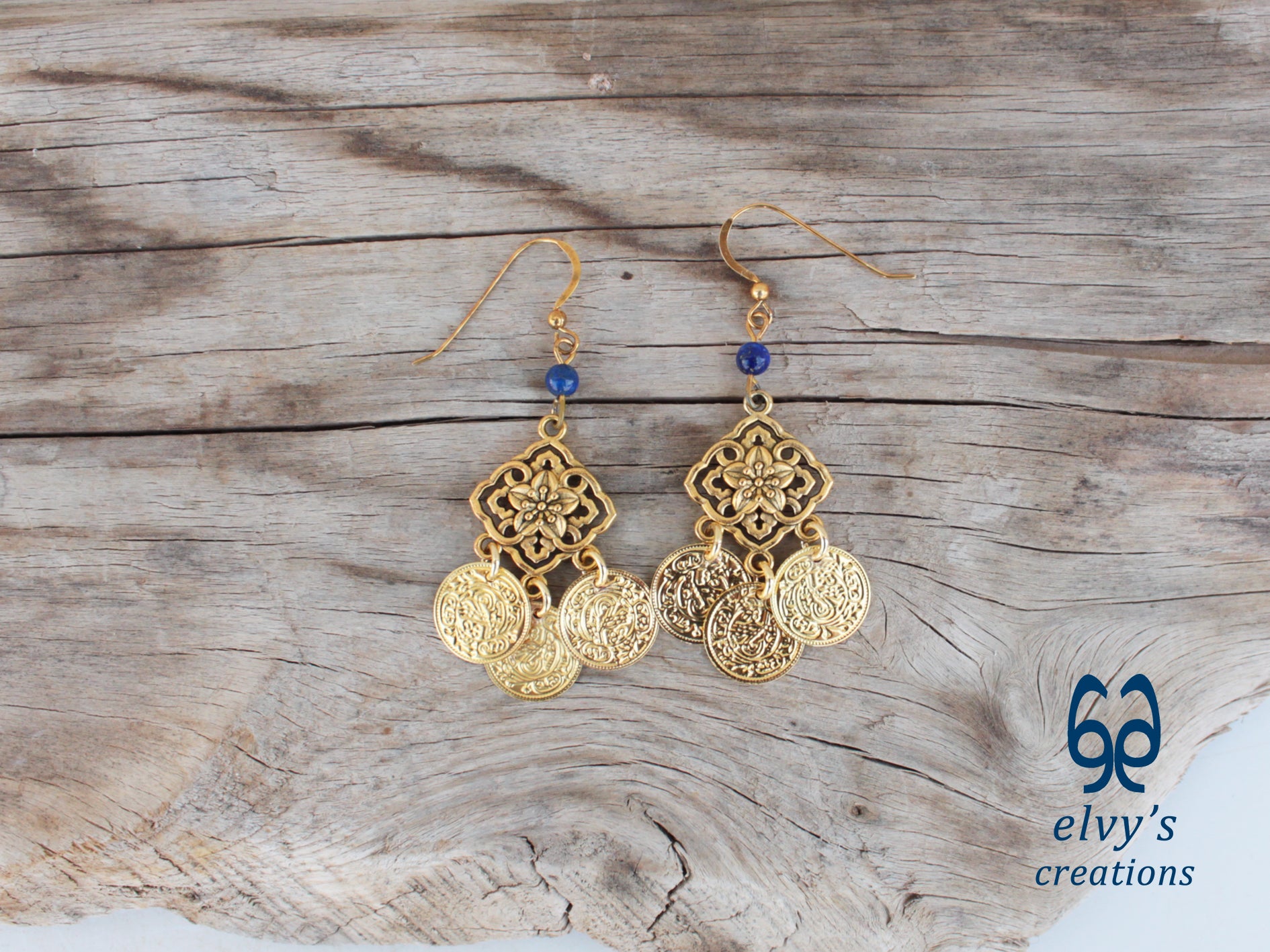 Handmade Greek Gold Traditional Earrings with Blue Lapis Lazuli Gemstone and Flower Element