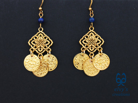 Handmade Greek Gold Traditional Earrings with Blue Lapis Lazuli Gemstone and Flower Element