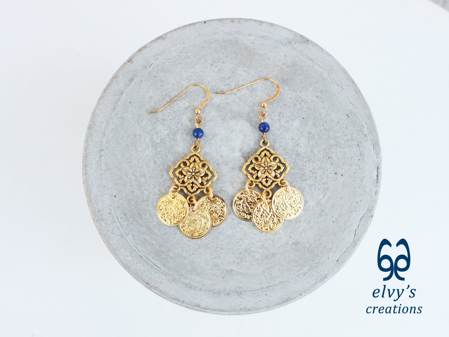 Handmade Greek Gold Traditional Earrings with Blue Lapis Lazuli Gemstone and Flower Element