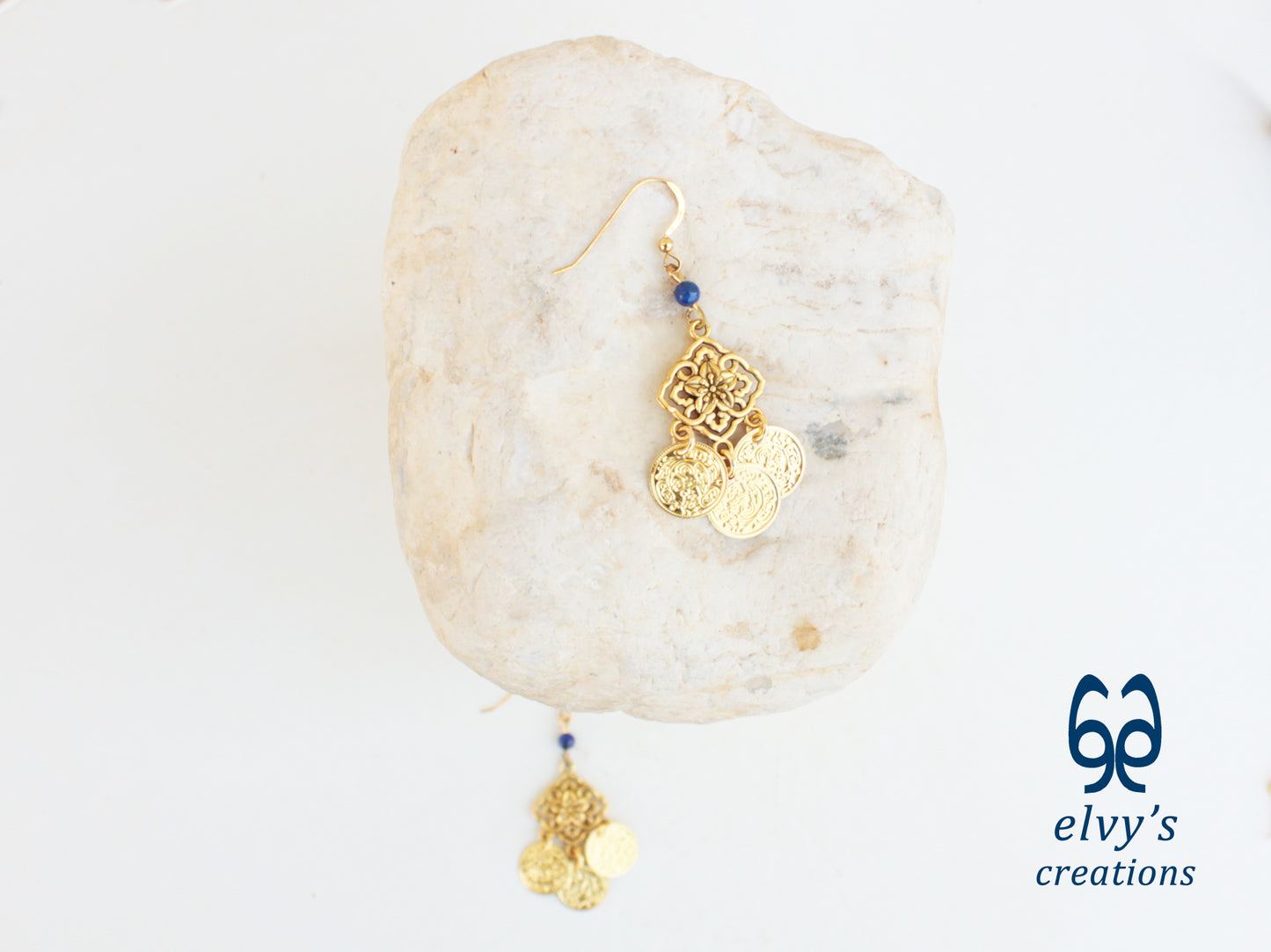 Handmade Greek Gold Traditional Earrings with Blue Lapis Lazuli Gemstone and Flower Element