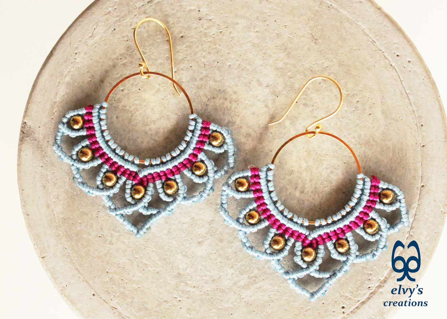 White Macrame Earrings with Hematite Gemstones Lotus Gold Hoop Earrings