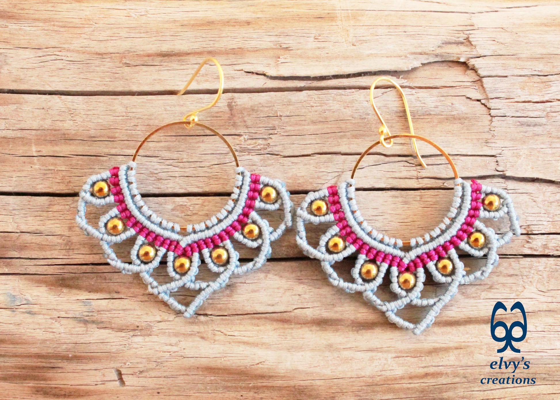 White Macrame Earrings with Hematite Gemstones Lotus Gold Hoop Earrings