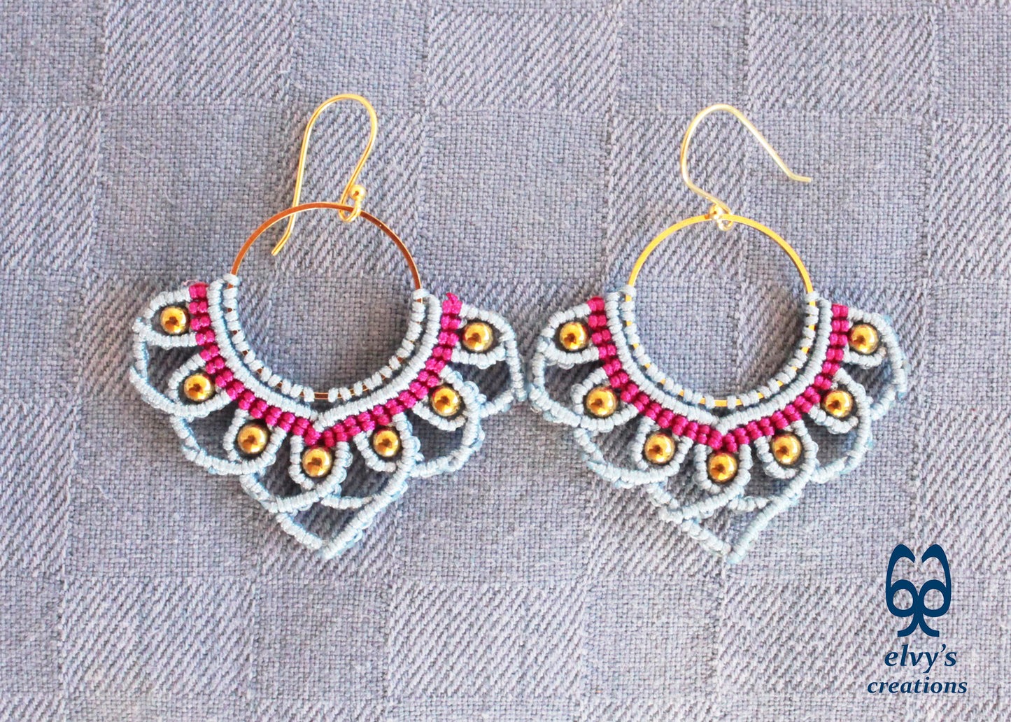 White Macrame Earrings with Hematite Gemstones Lotus Gold Hoop Earrings