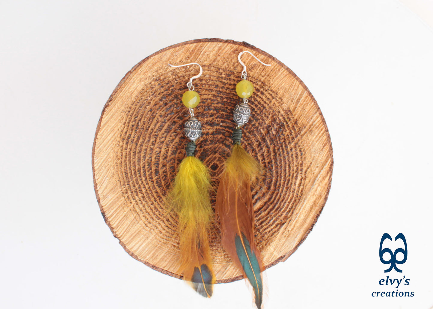 Handmade Silver Earrings with Lime Green Jade Gemstones and Feathers