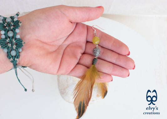 Handmade Silver Earrings with Lime Green Jade Gemstones and Feathers