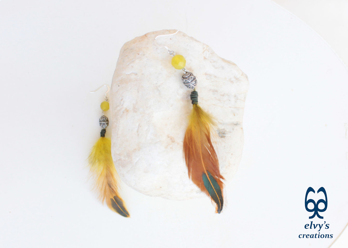 Handmade Silver Earrings with Lime Green Jade Gemstones and Feathers