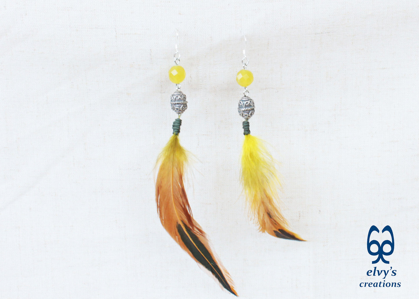 Handmade Silver Earrings with Lime Green Jade Gemstones and Feathers