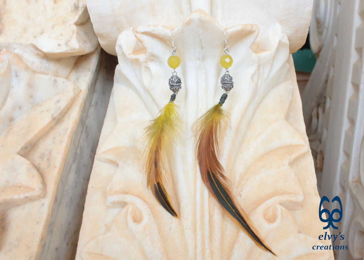 Handmade Silver Earrings with Lime Green Jade Gemstones and Feathers