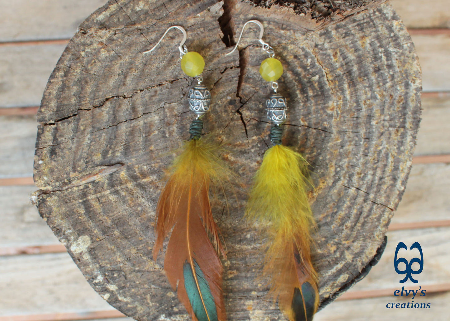 Handmade Silver Earrings with Lime Green Jade Gemstones and Feathers