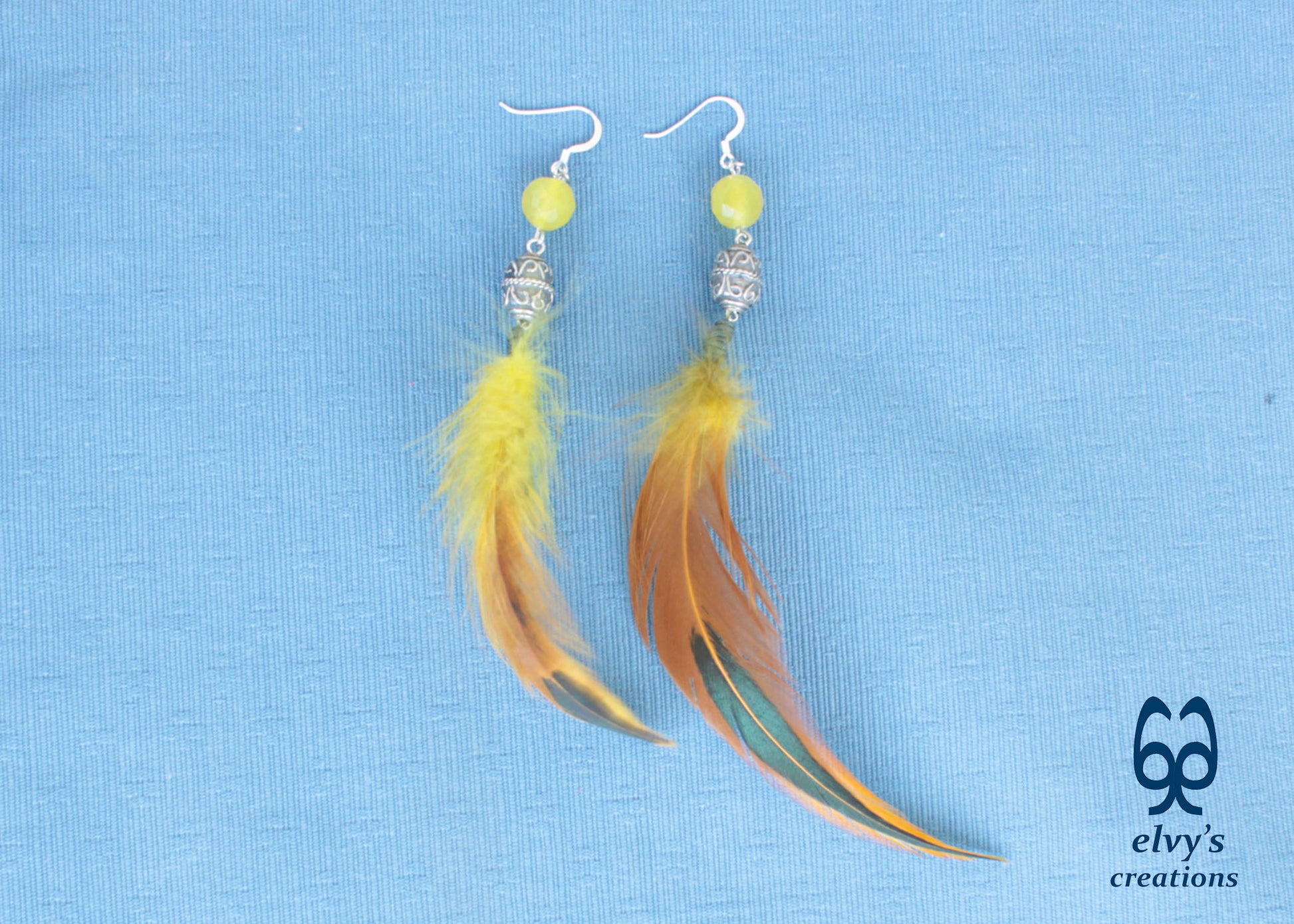 Handmade Silver Earrings with Lime Green Jade Gemstones and Feathers