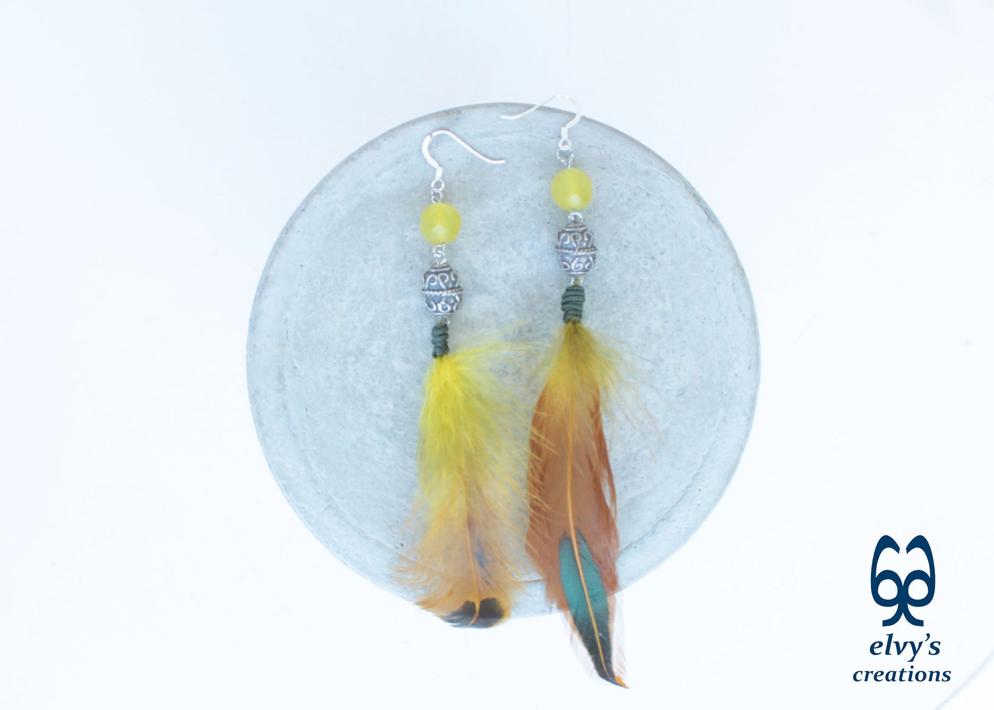 Handmade Silver Earrings with Lime Green Jade Gemstones and Feathers