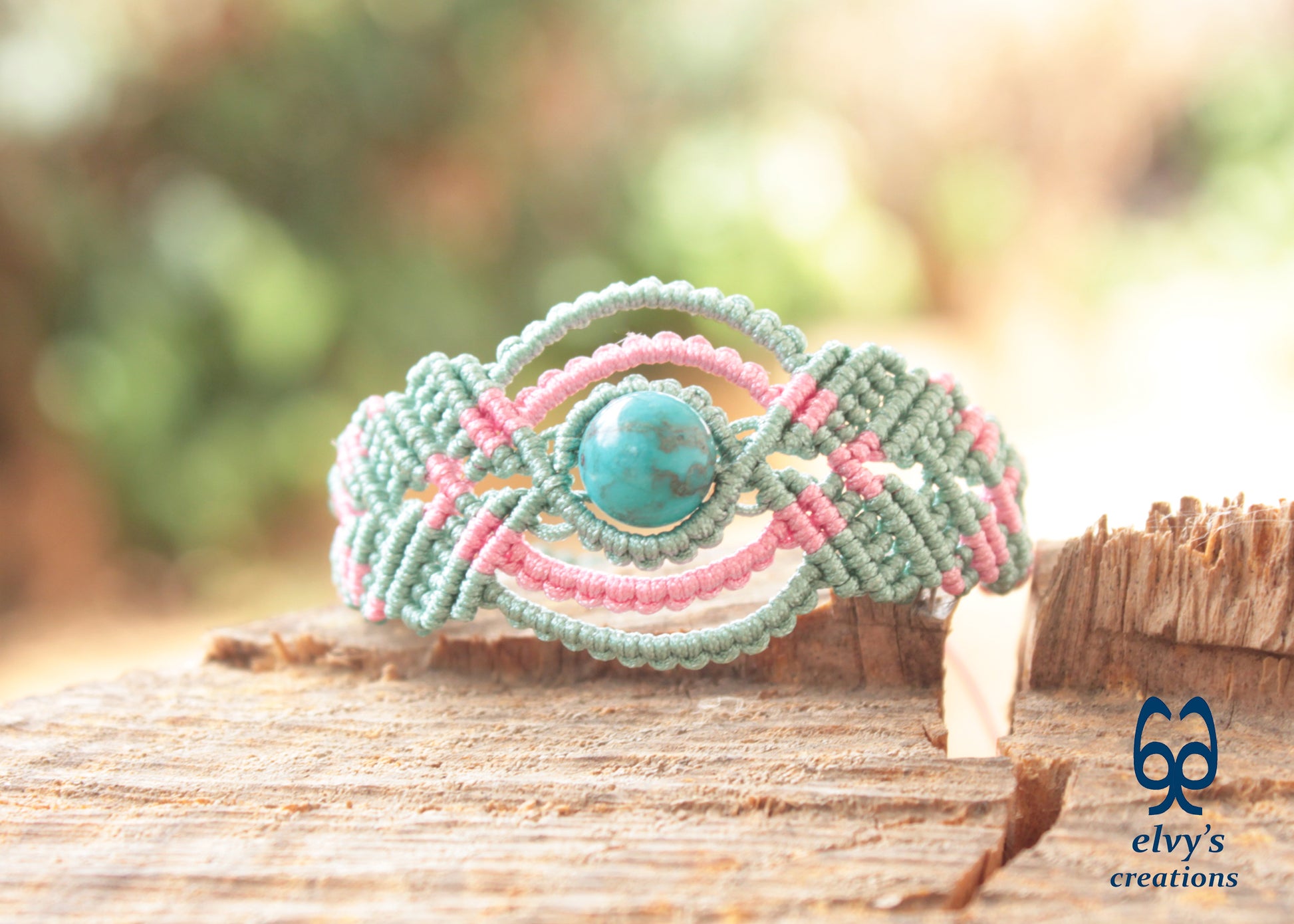 Handmade Green Macrame Bracelet, Turquoise Gemstones Boho Summer Bracelet