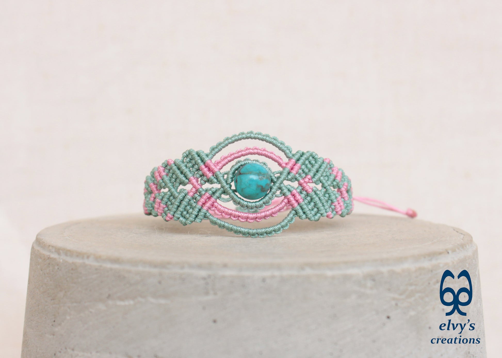 Handmade Green Macrame Bracelet, Turquoise Gemstones Boho Summer Bracelet