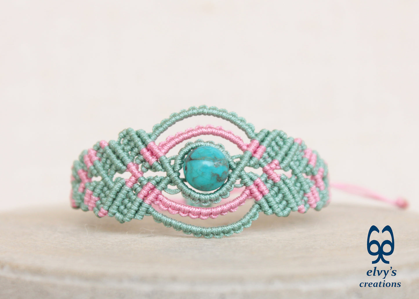 Handmade Green Macrame Bracelet, Turquoise Gemstones Boho Summer Bracelet