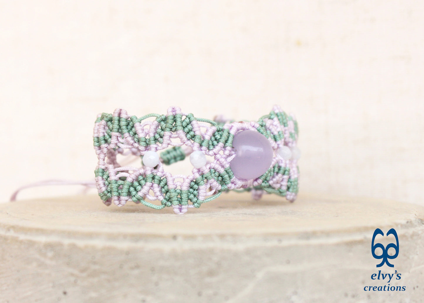 Handmade Macrame Mint Green Bracelet with Violet Purple Chalcedony