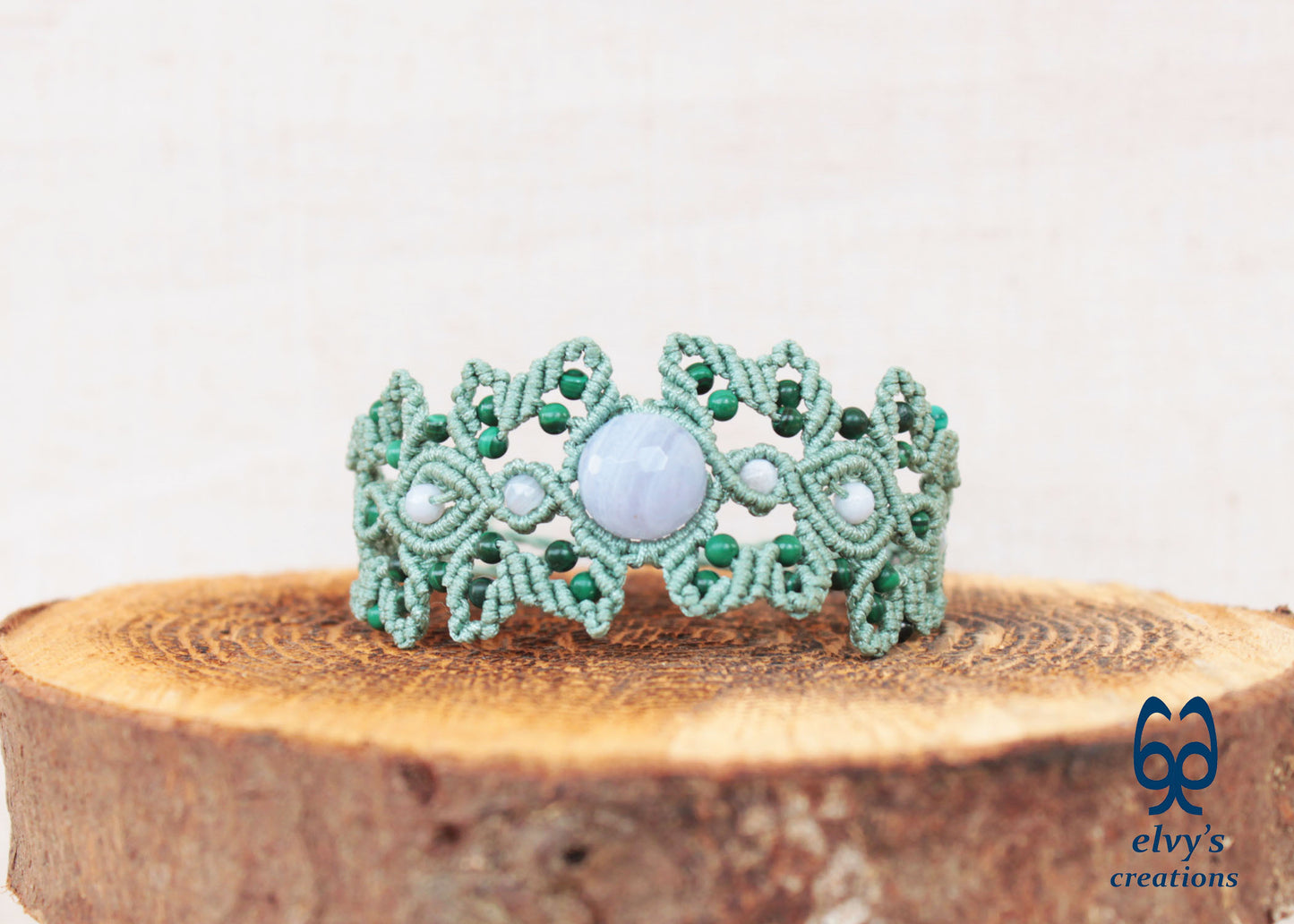 Minty Green Macrame Bracelet Adjustable Cuff Bracelet with Chalcedony and Malachite