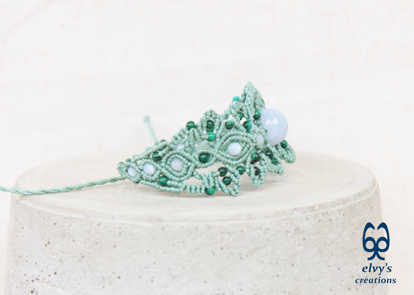 Minty Green Macrame Bracelet Adjustable Cuff Bracelet with Chalcedony and Malachite