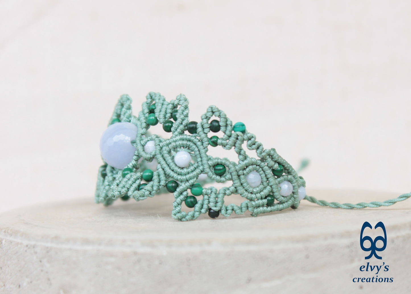 Minty Green Macrame Bracelet Adjustable Cuff Bracelet with Chalcedony and Malachite