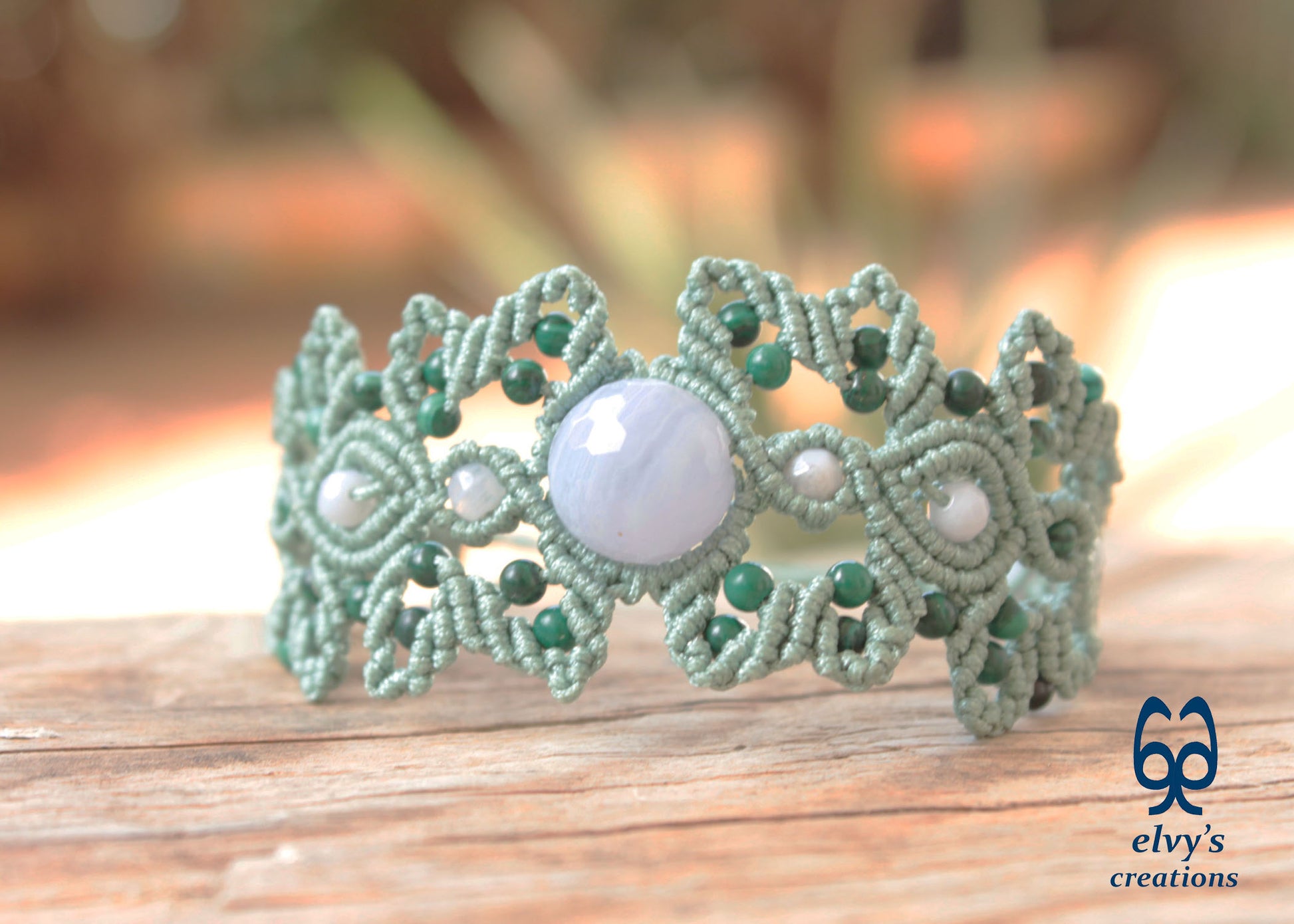 Minty Green Macrame Bracelet Adjustable Cuff Bracelet with Chalcedony and Malachite