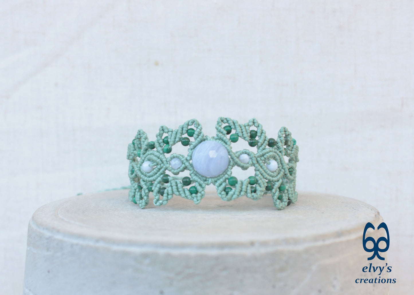 Minty Green Macrame Bracelet Adjustable Cuff Bracelet with Chalcedony and Malachite