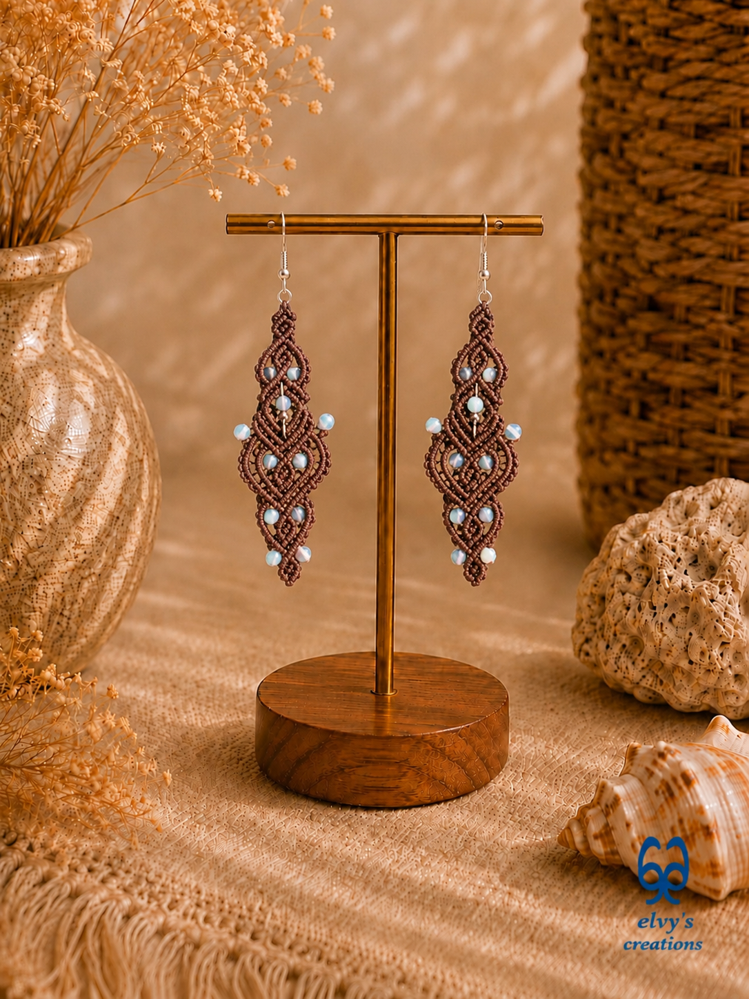 Brown Macrame Earrings with Moonstones Brown Lace Rainbow Moonstone Gemstones Boho Macrame Earrings 