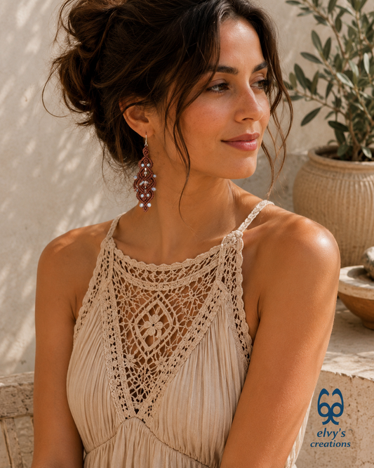 Brown Macrame Earrings with Moonstones Brown Lace Rainbow Moonstone Gemstones Boho Macrame Earrings 