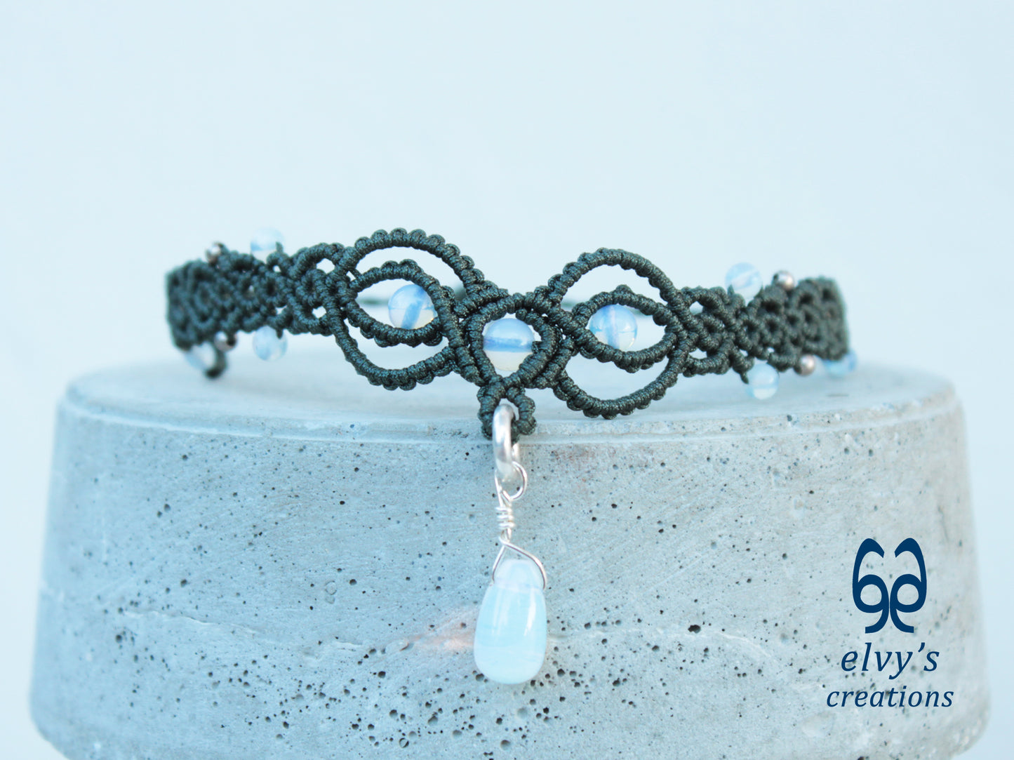 Handmade Khaki Green Macrame Necklace with Moonstone Gemstones Adjustable 