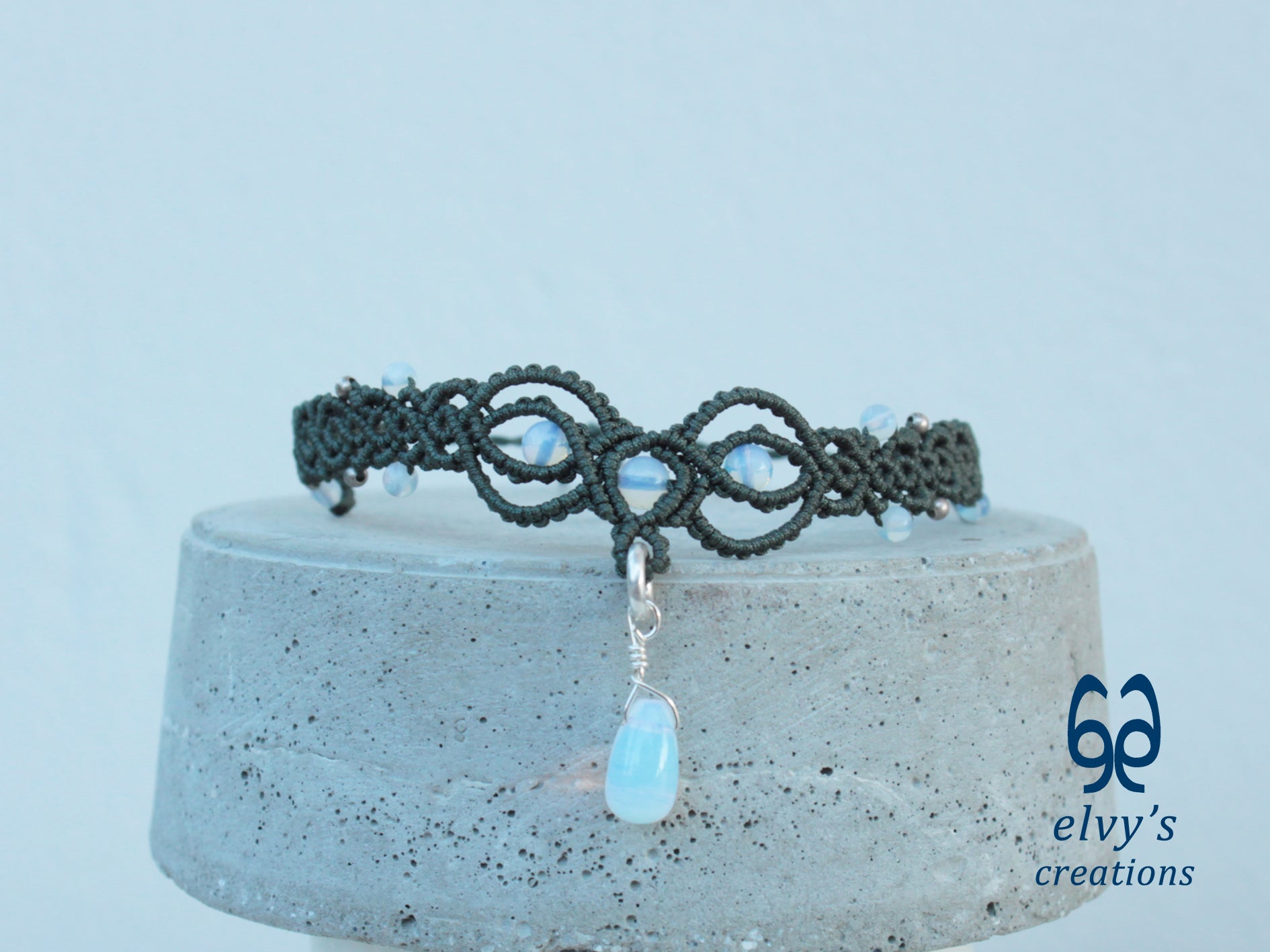 Handmade Khaki Green Macrame Necklace with Moonstone Gemstones Adjustable 